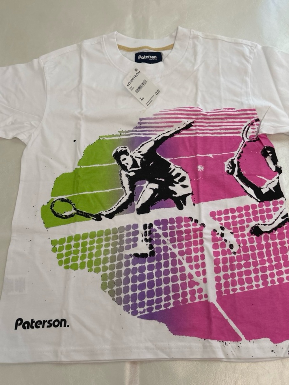 Paterson White Men's Graphic Tennis Tee with Pink & Green Print